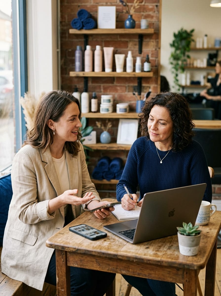 Consultant échangeant avec la responsable d’un commerce local