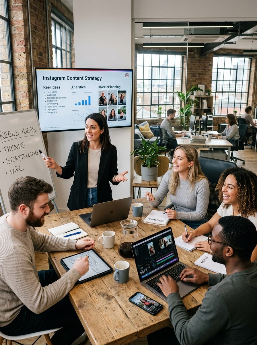 Agence social media préparant une stratégie de contenu en équipe
