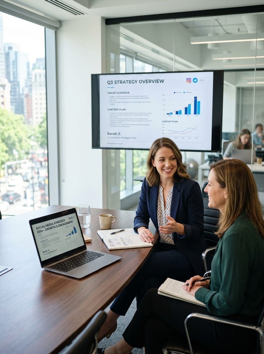 Professionnelles échangeant sur une stratégie de réseaux sociaux pour une entreprise
