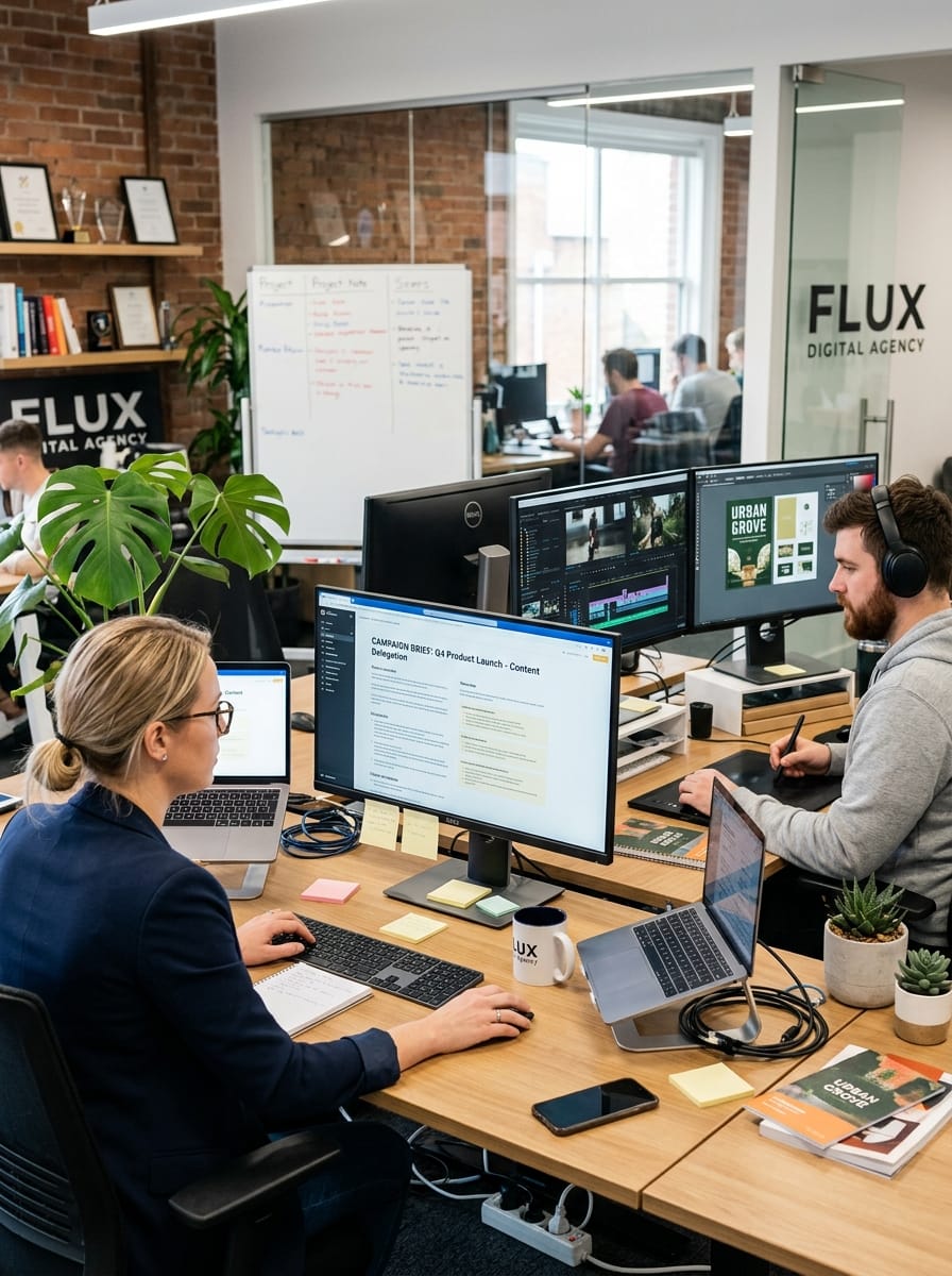 Équipe marketing produisant des contenus en marque blanche pour plusieurs clients