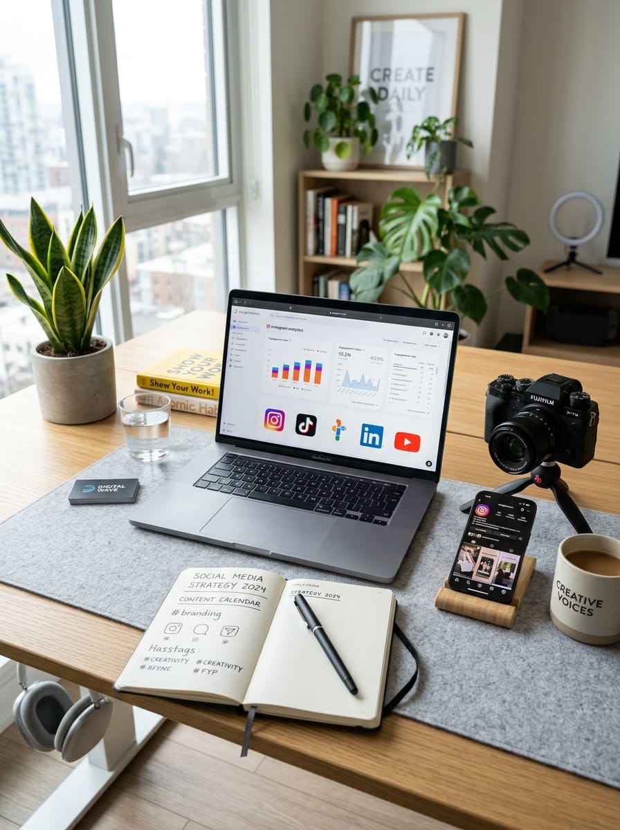 Bureau de création de contenu avec ordinateur smartphone et appareil photo