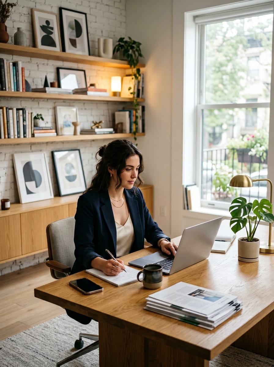 Entrepreneure travaillant dans une agence digitale moderne