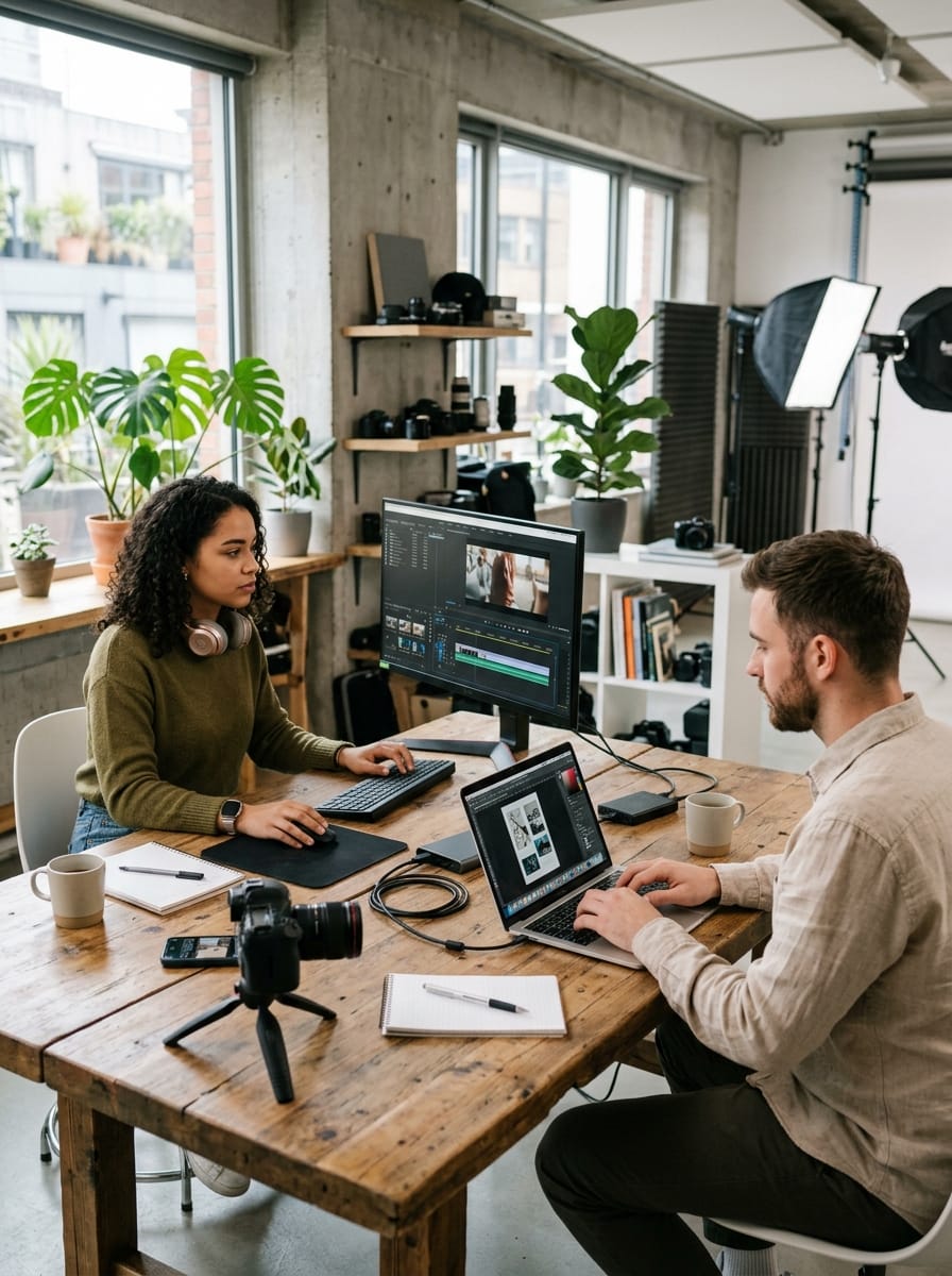Petite équipe créative produisant vidéos et visuels pendant que l'entreprise garde la relation client