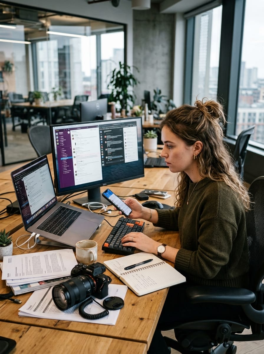 Community manager débordée par plusieurs tâches, notifications et projets clients