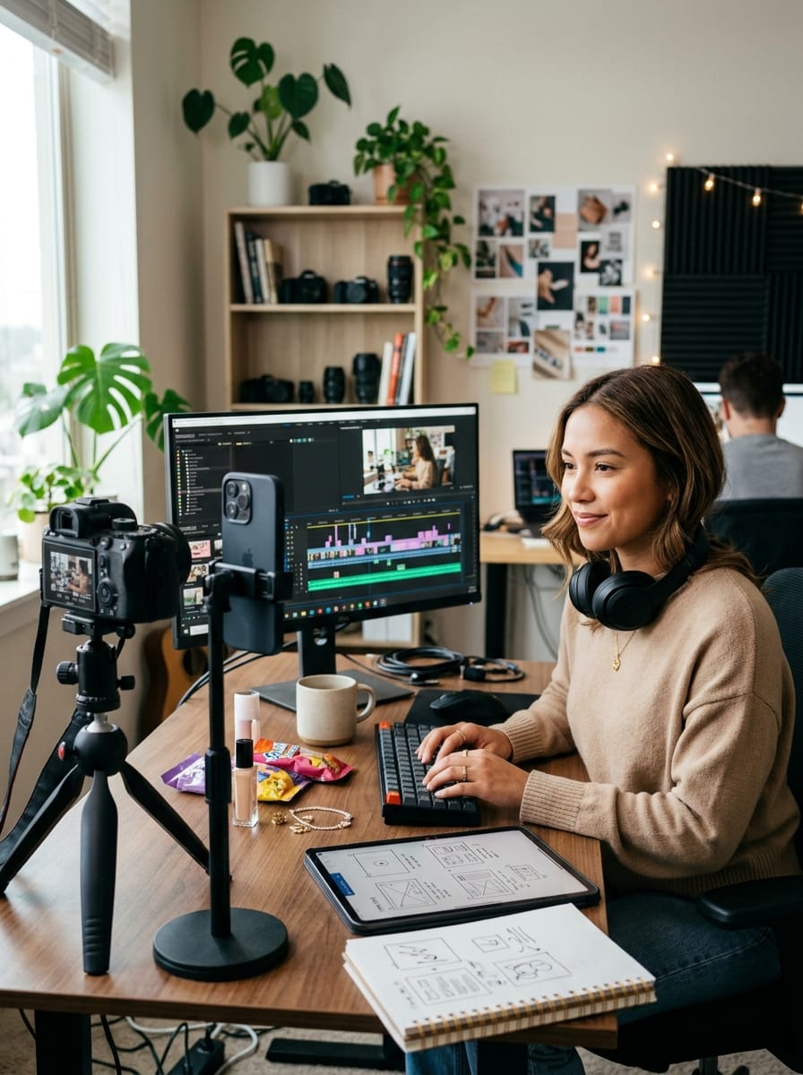 Créatrice produisant plusieurs contenus pour les réseaux sociaux dans un studio moderne