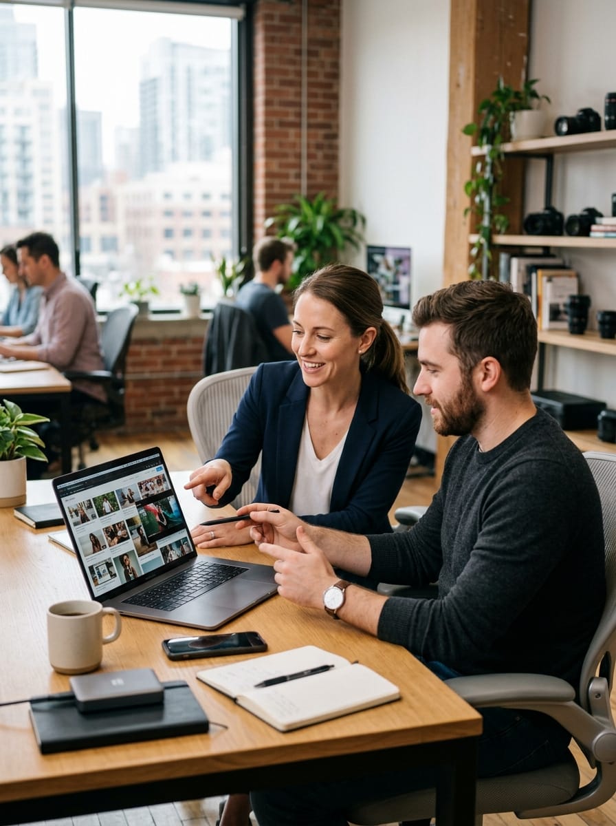 Community manager collaborant avec une créatrice de contenu pour déléguer la production
