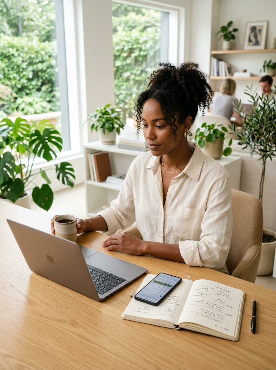 Community manager travaillant sereinement avec une activité client structurée