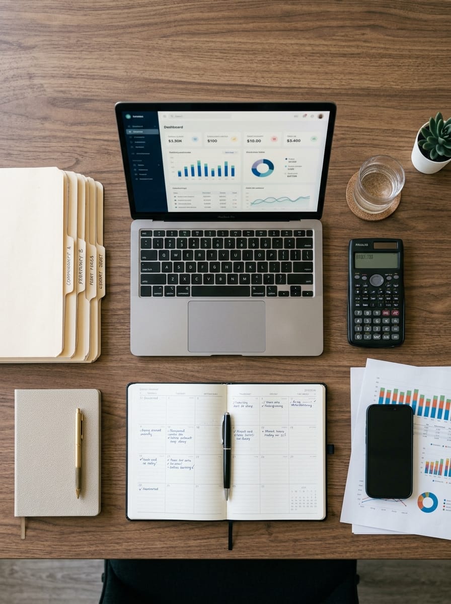 Bureau de community manager avec calculatrice planning et dossiers clients