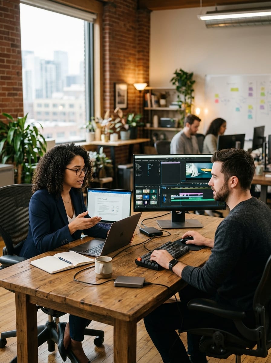 Community manager et créatrice de contenu travaillant ensemble en sous-traitance