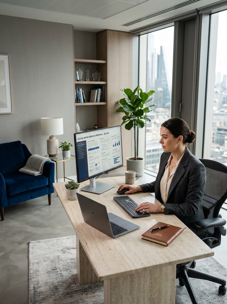 Entrepreneure analysant une proposition de création de contenu pour son entreprise