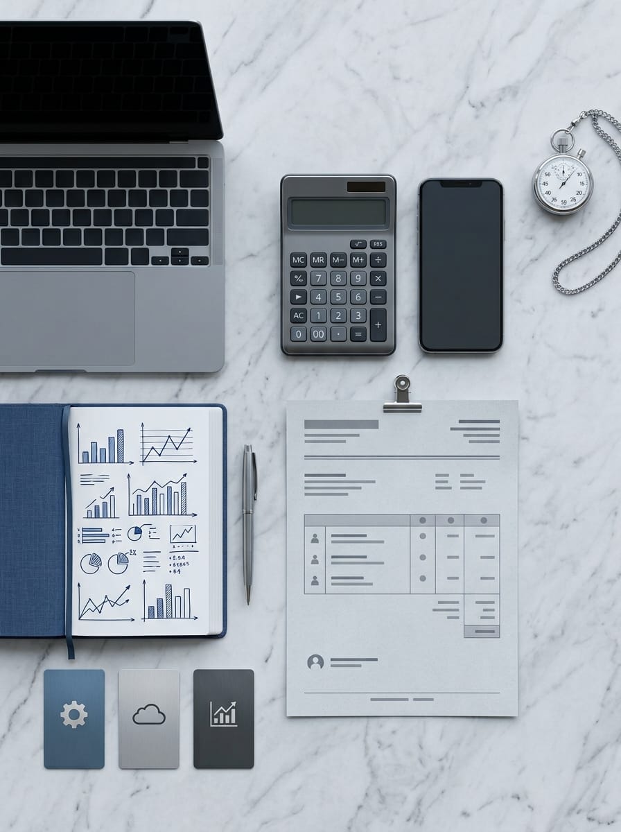 Bureau avec calculatrice et outils utilisés pour calculer le coût d'un client