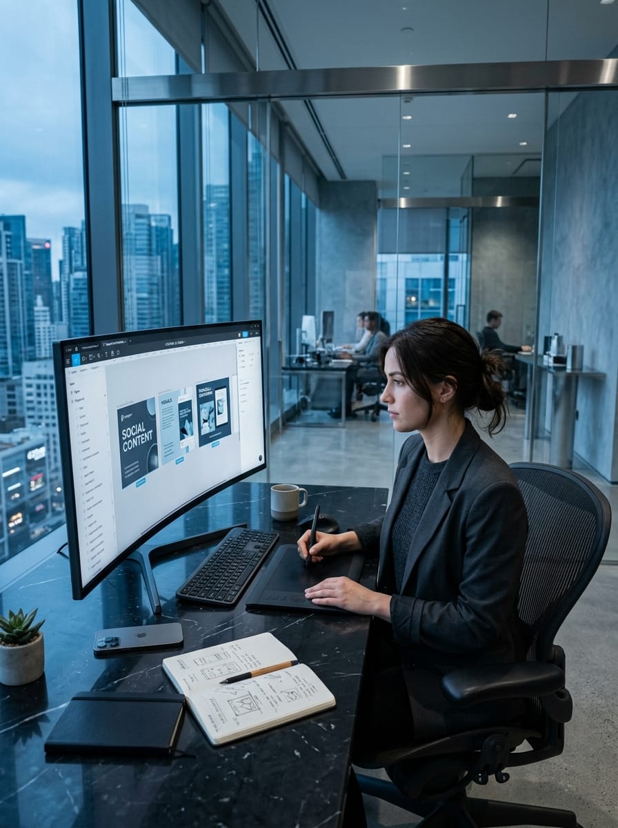 Graphiste freelance travaillant sur des contenus pour les réseaux sociaux