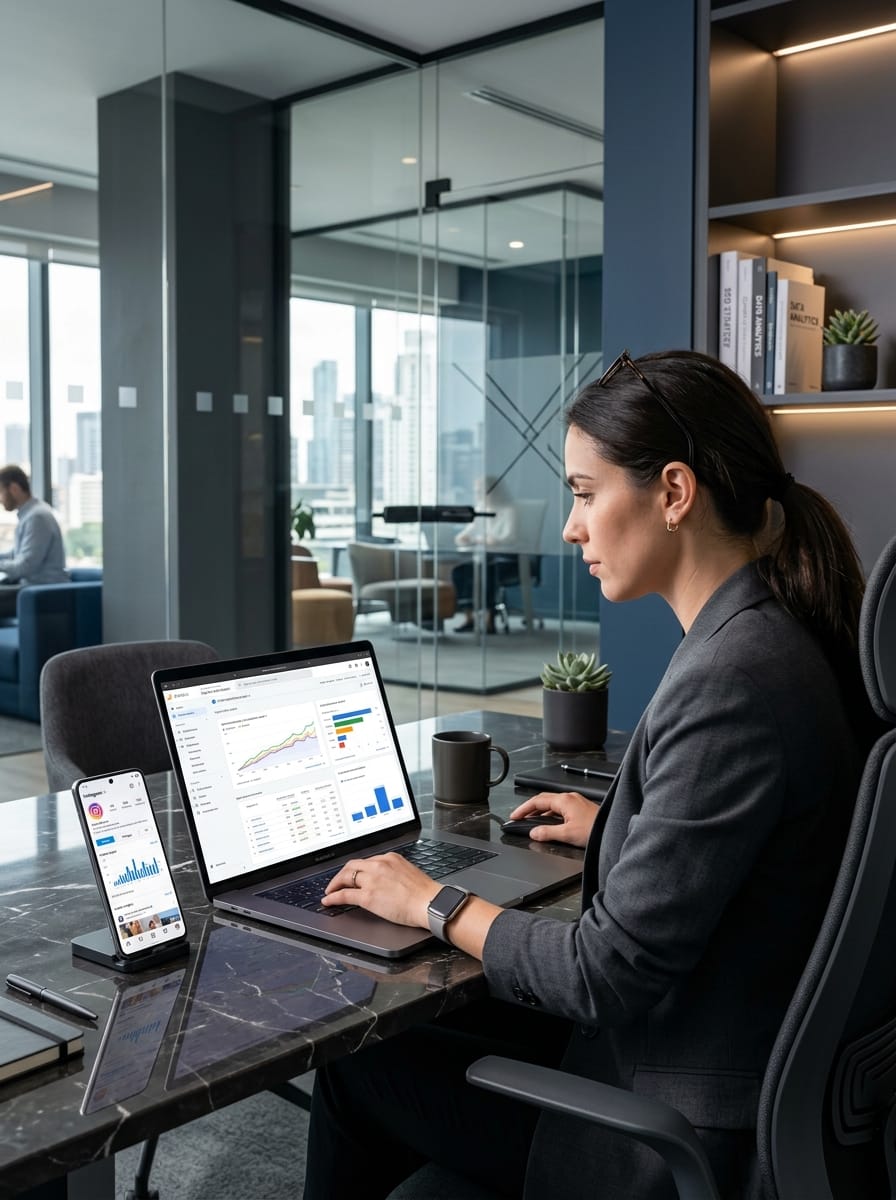Consultant SEO analysant des données et des réseaux sociaux dans un bureau moderne