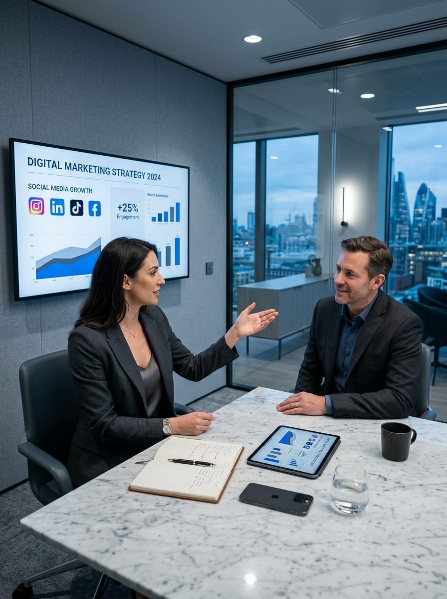 Consultant marketing présentant une stratégie incluant les réseaux sociaux à un client