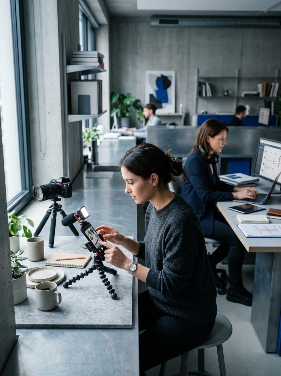 Professionnels comparant création de contenu et gestion des réseaux sociaux dans une agence