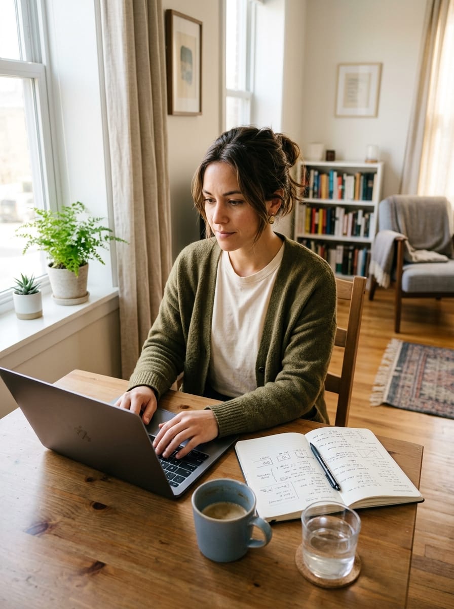 Jeune femme débutante travaillant en ligne sans diplôme depuis chez elle