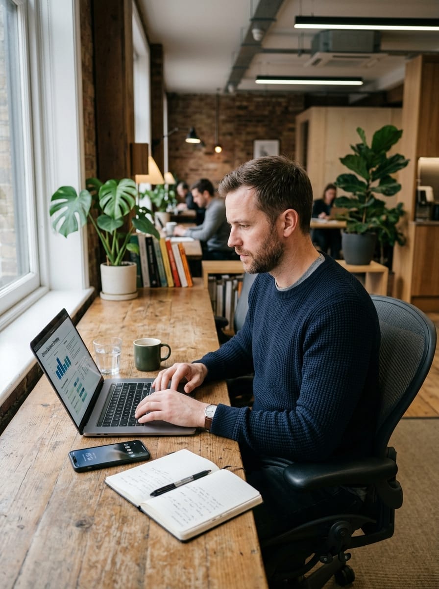 Homme débutant un travail en ligne dans un espace de coworking avec un ordinateur et un téléphone
