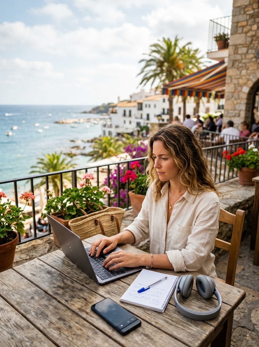 Femme digital nomad sans diplôme travaillant sur un ordinateur dans un café en bord de mer