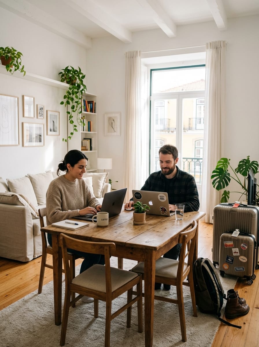 Couple débutant une vie digital nomad depuis un appartement avec ordinateurs et valises