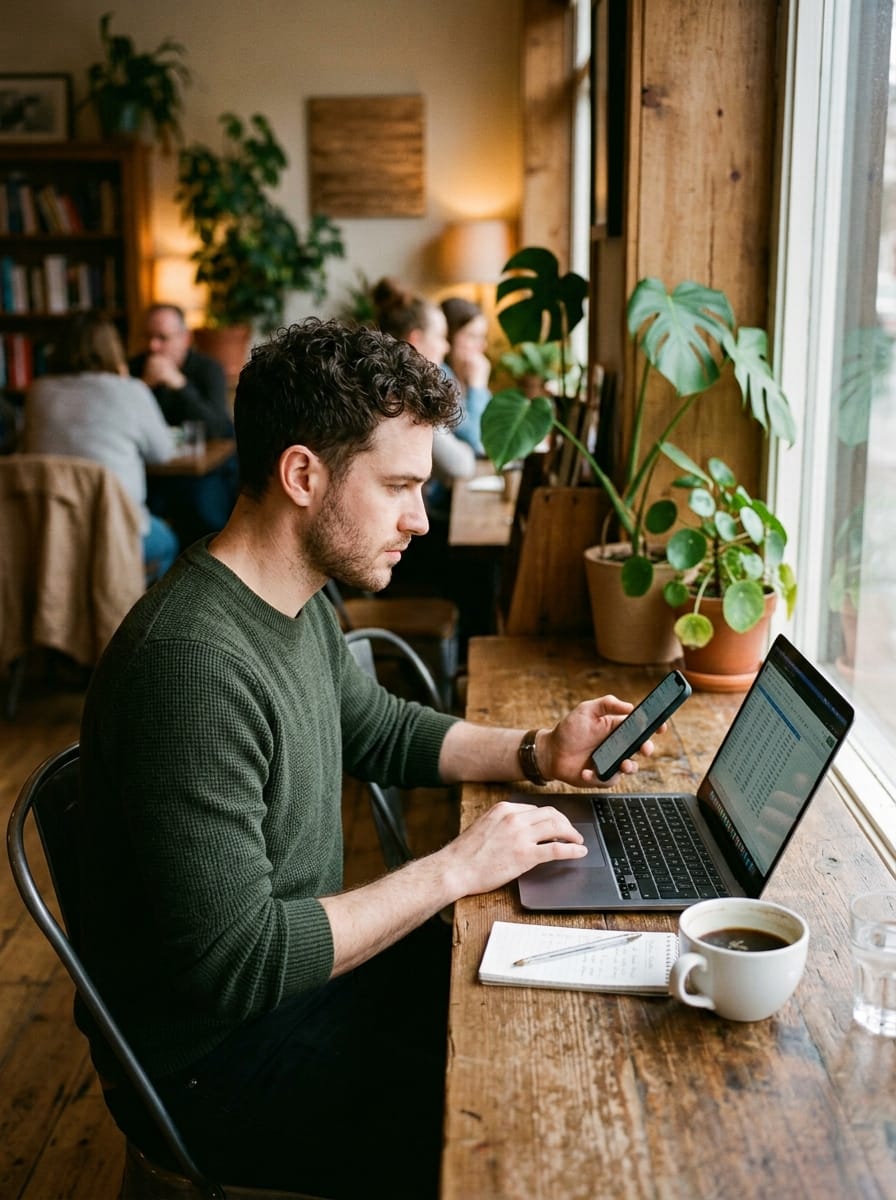 Homme débutant organisant ses premiers contacts professionnels pour travailler à distance