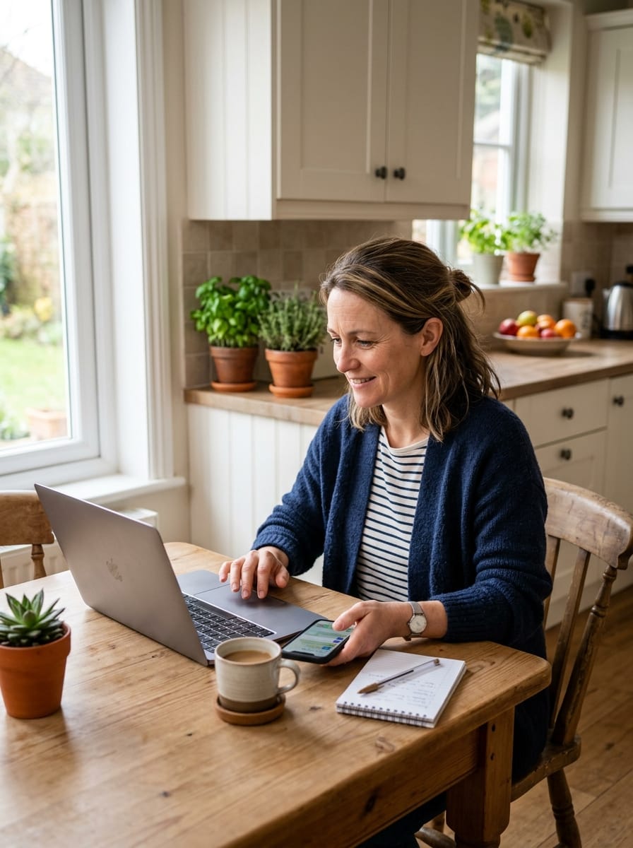 Femme débutante travaillant en ligne sans compétence digitale avancée depuis sa table de cuisine