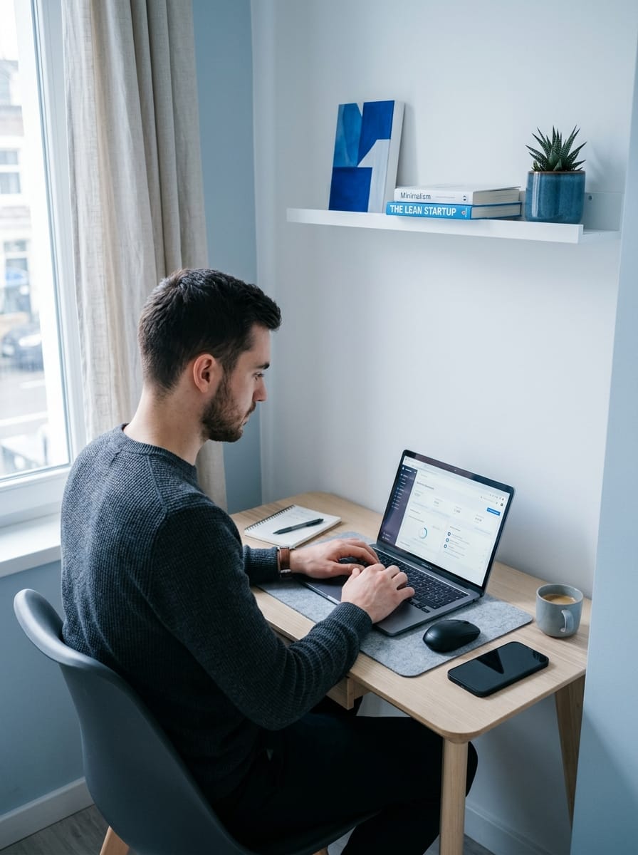 Entrepreneur débutant une activité en ligne dans un petit espace de travail