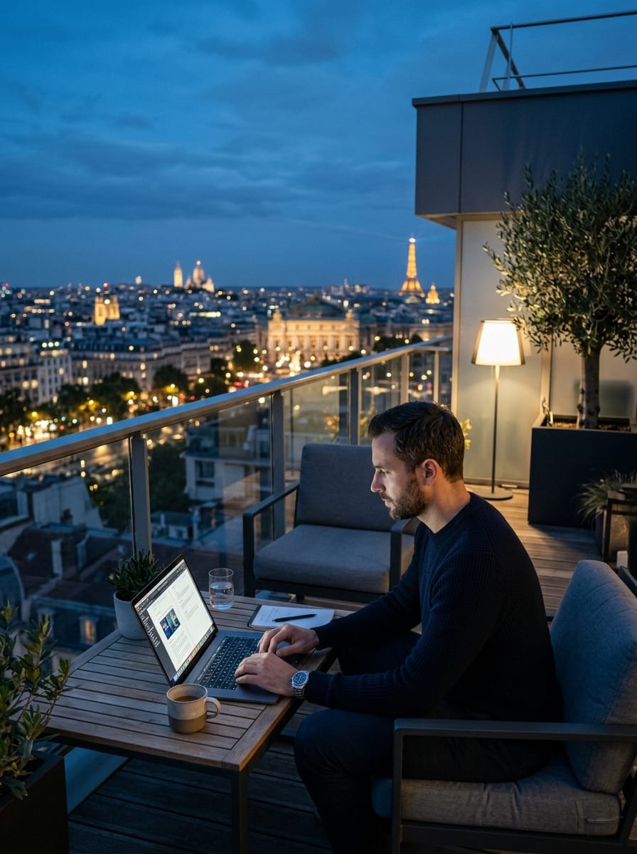 Homme travaillant avec un ordinateur depuis un balcon urbain avec vue sur une ville européenne