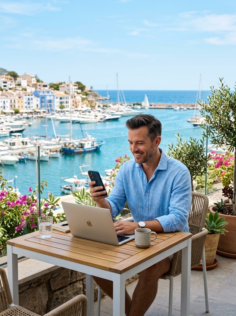 Entrepreneur nomade débutant préparant une liste de premiers prospects avec ordinateur et téléphone