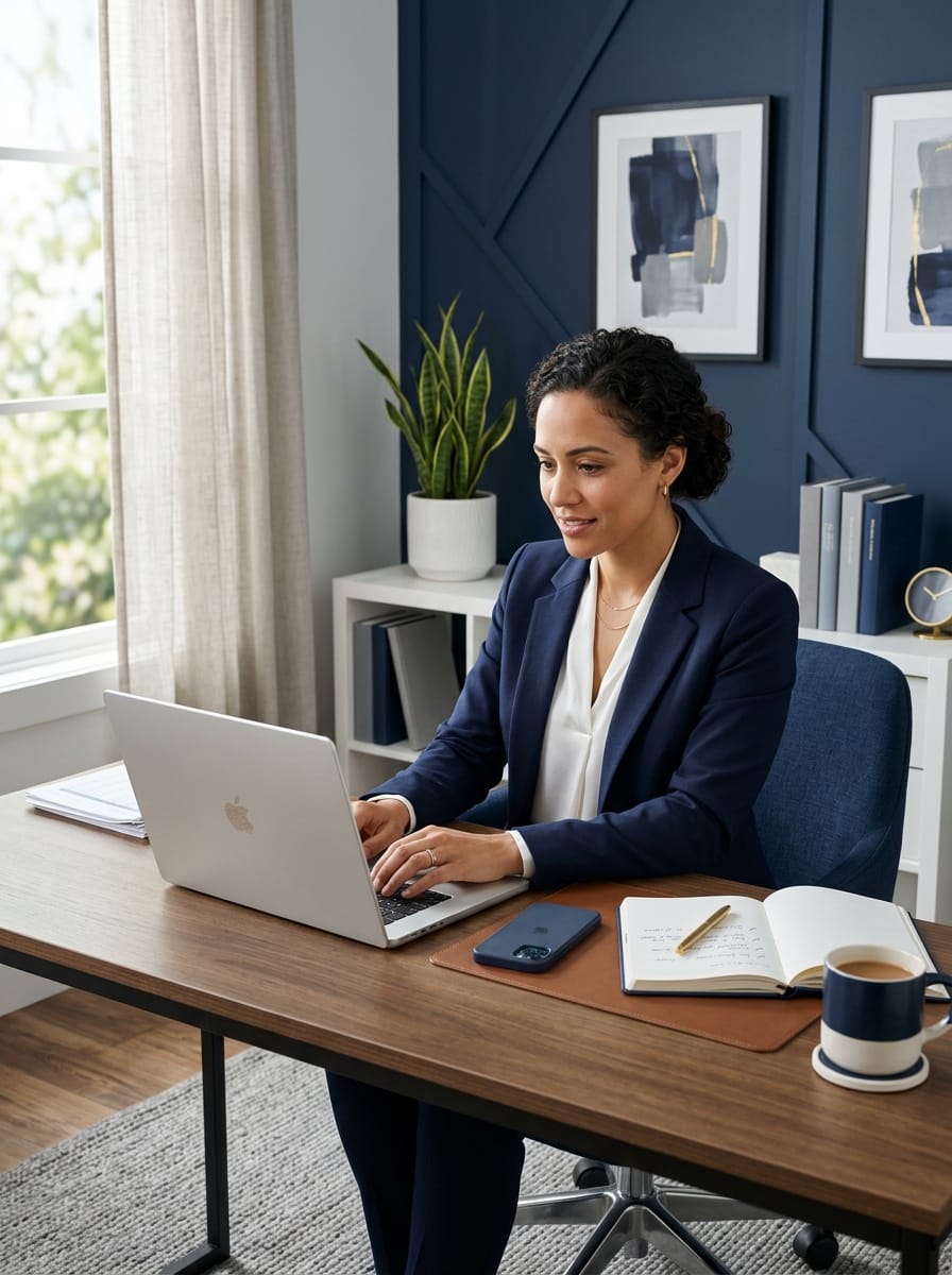 Femme travaillant à distance avec un objectif financier mensuel structuré