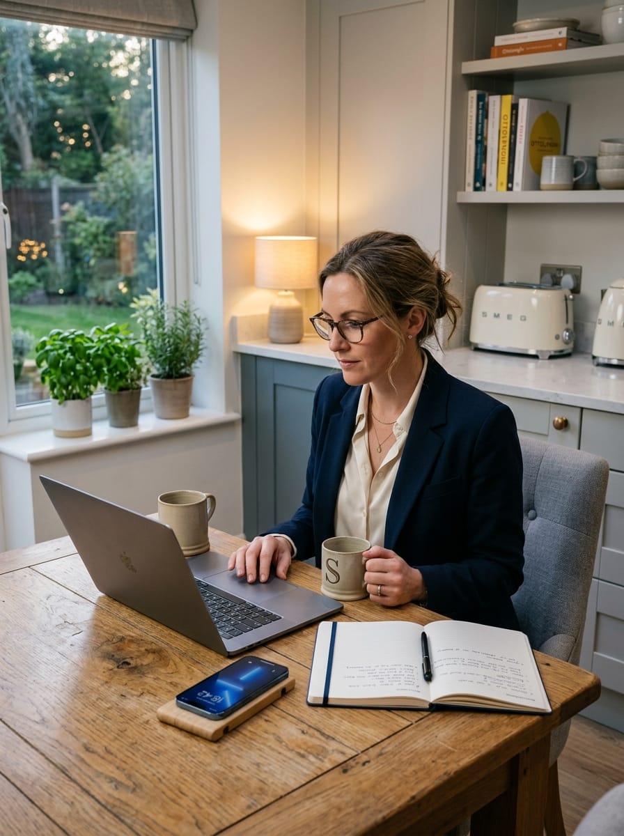 Femme testant une activité en ligne depuis sa table de cuisine à la maison