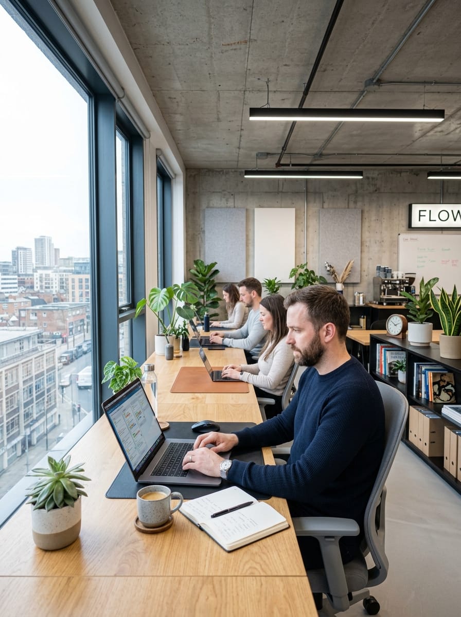Homme développant un projet freelance en parallèle de son emploi dans un espace de coworking