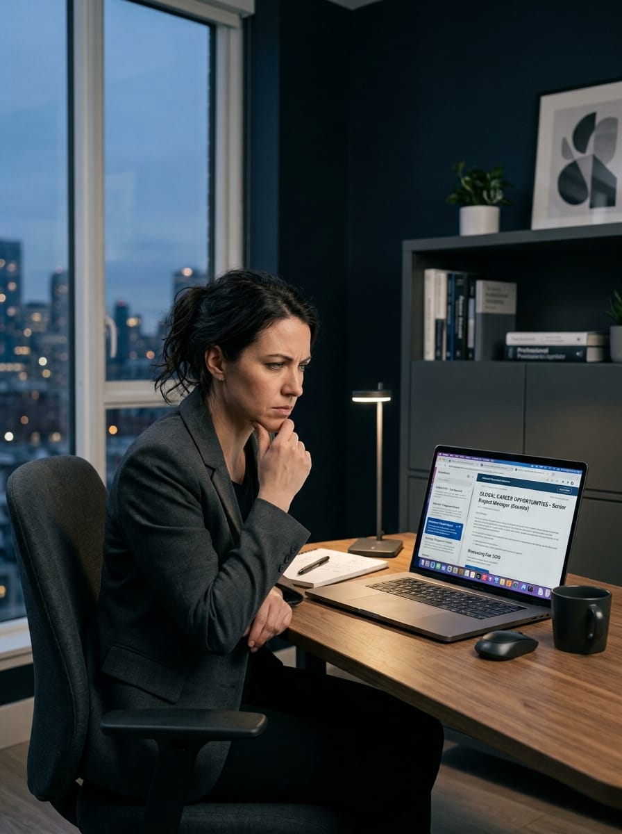 Femme analysant avec prudence une opportunité de travail en ligne sérieuse