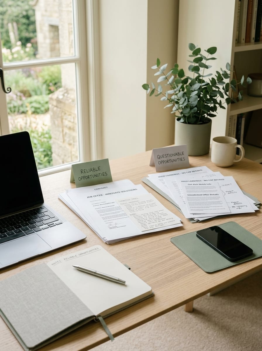 Bureau organisé pour comparer une opportunité de travail en ligne fiable et une proposition douteuse