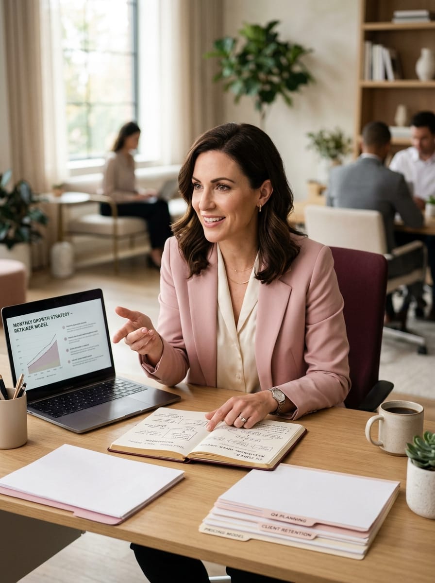 Entrepreneuse structurant une offre de service freelance en abonnement mensuel