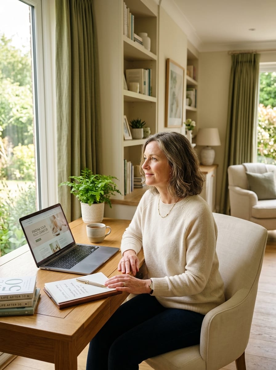 Femme de plus de 40 ans réfléchissant à une reconversion pour travailler en ligne