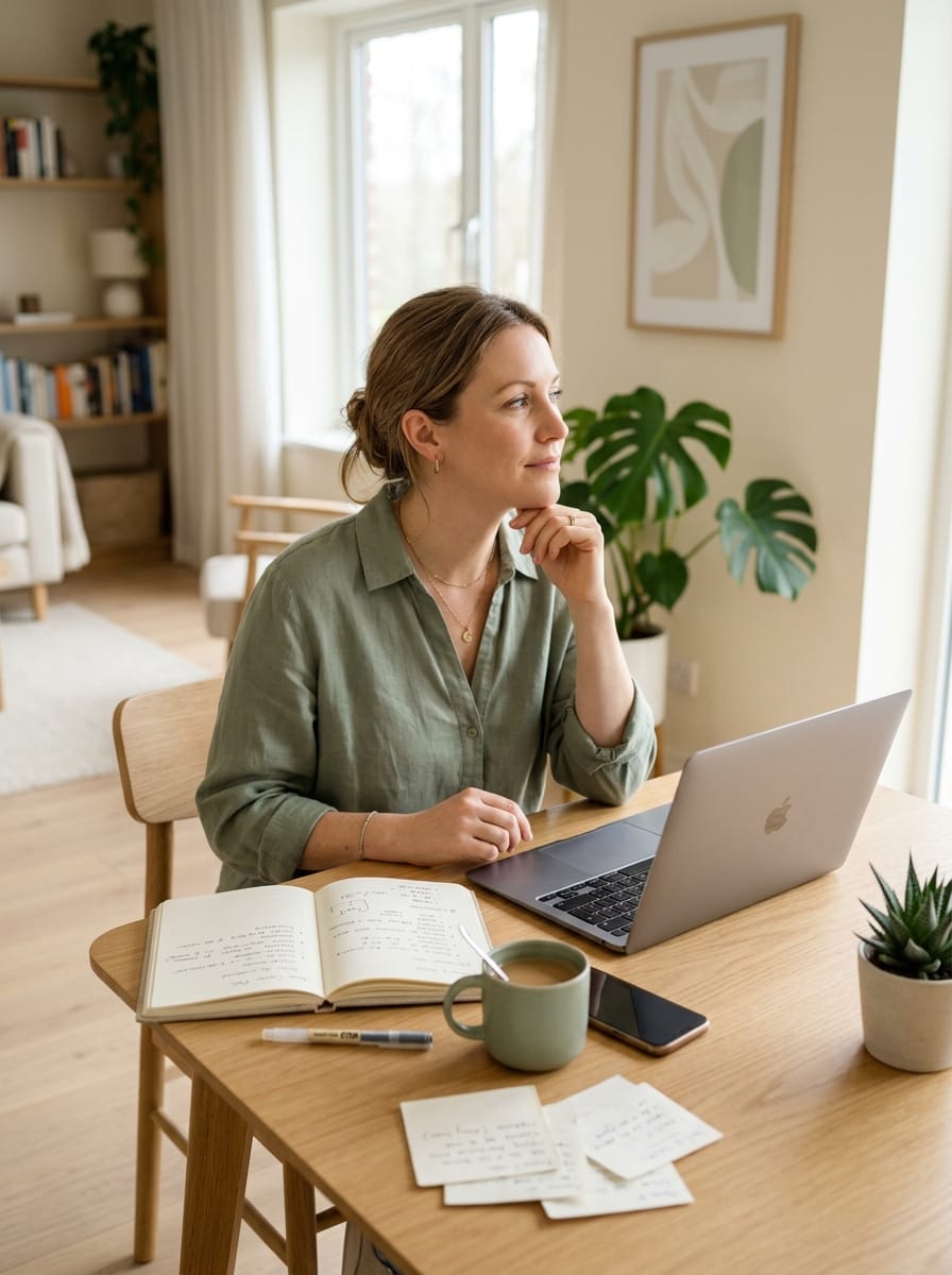 Personne qui réfléchit à son activité indépendante devant un ordinateur portable