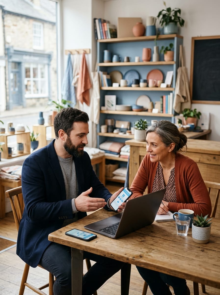 Entrepreneur présentant une idée de service à un commerce local