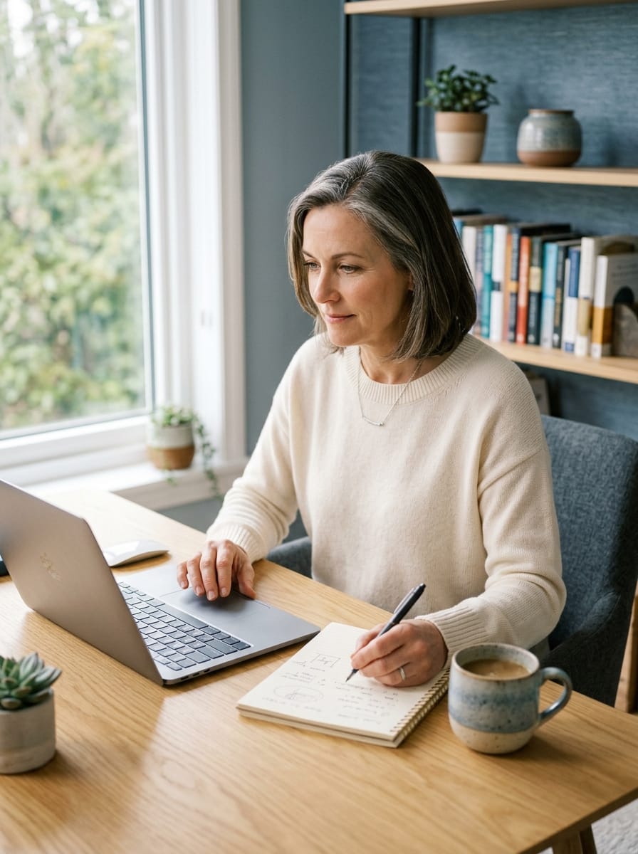 Femme en reconversion apprenant une nouvelle activité à distance depuis chez elle