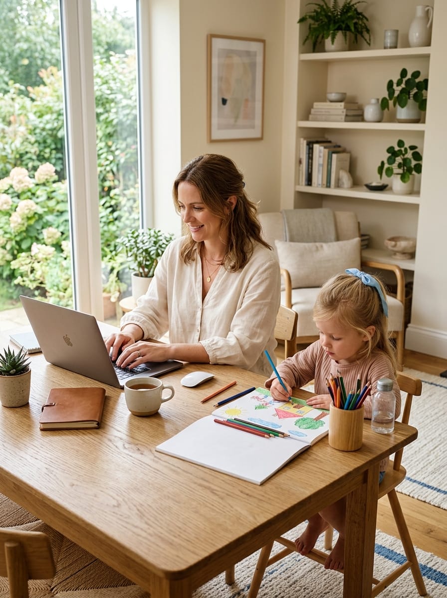 Parent travaillant à domicile pendant qu'un enfant dessine calmement à côté