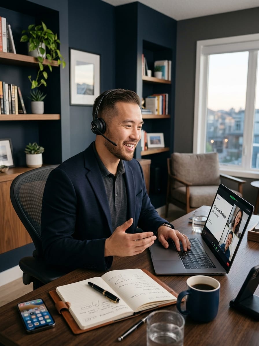 Commercial freelance en télétravail passant un appel professionnel depuis son bureau