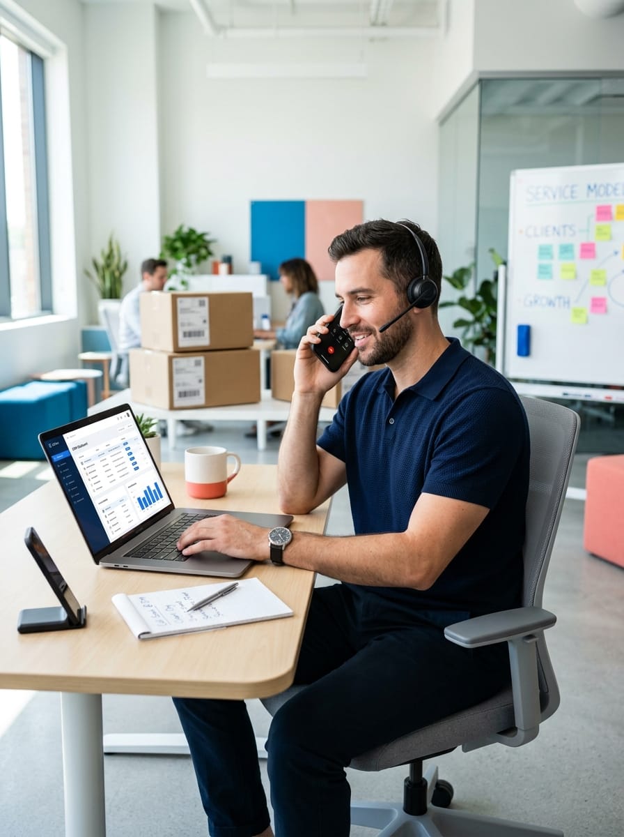 Entrepreneur comparant un business de services en ligne à un modèle avec produit et stock