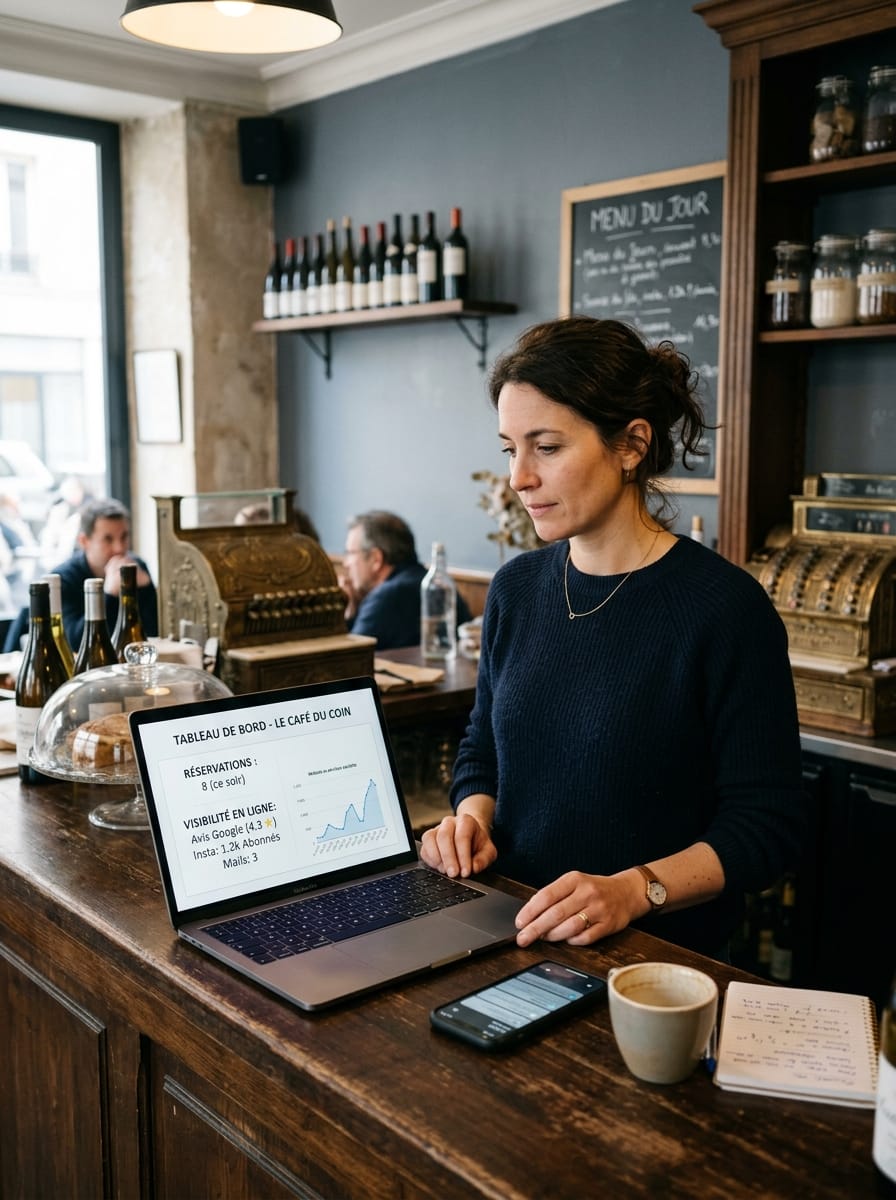 Gérante de petit commerce local analysant sa visibilité numérique et ses résultats sur ordinateur