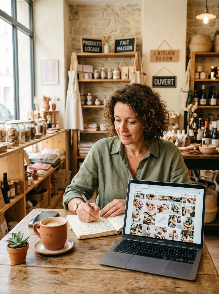 Commerçante locale analysant ses publications et sa régularité sur les réseaux sociaux