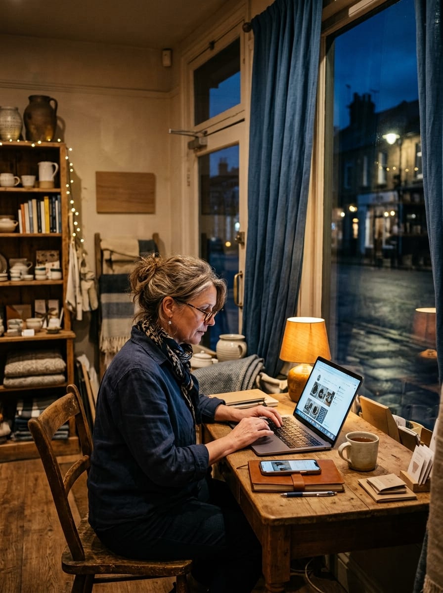 Commerçante préparant des publications après la fermeture de sa boutique