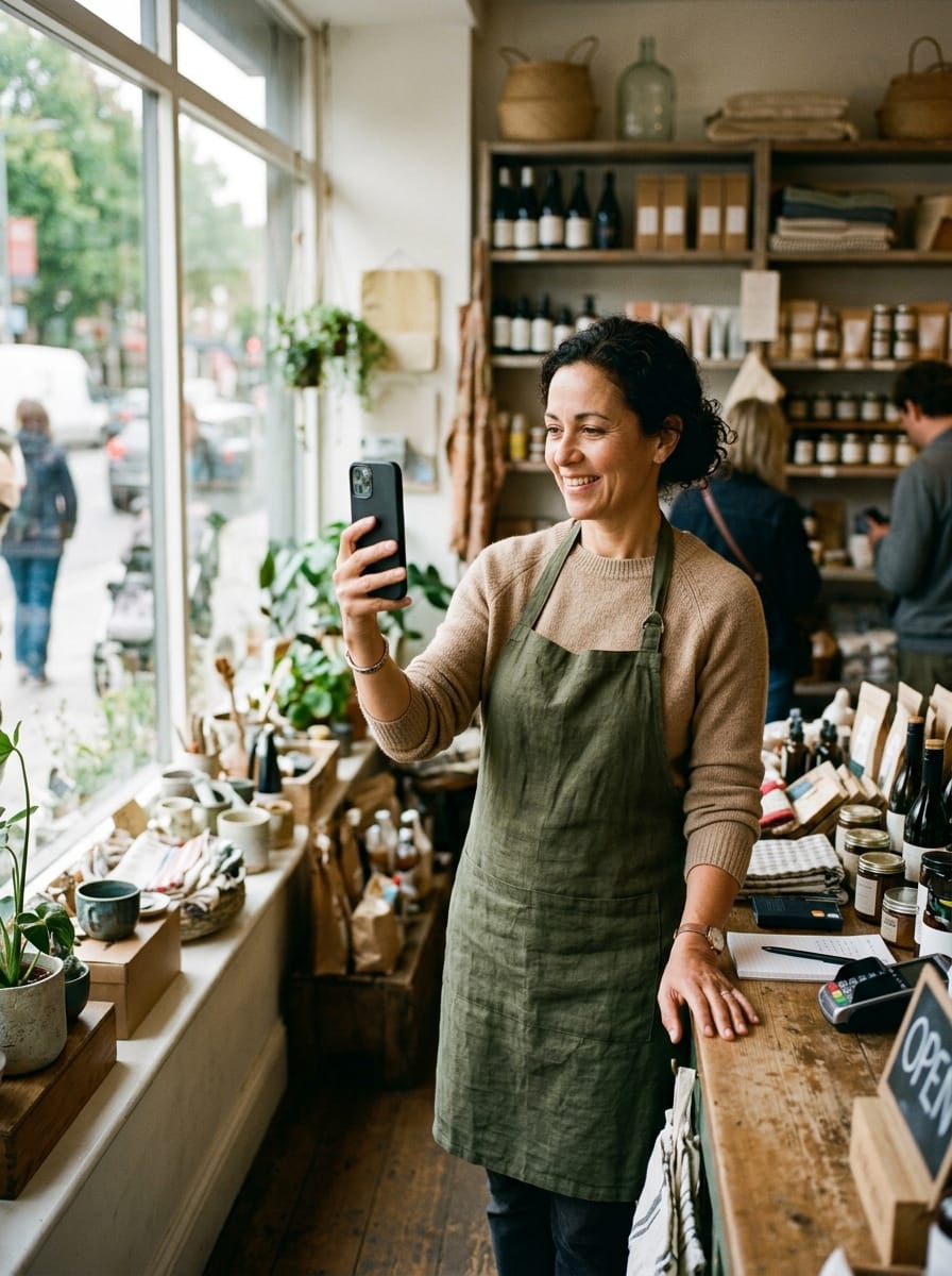 Commerçant local filmant rapidement un produit avec son smartphone pendant son activité