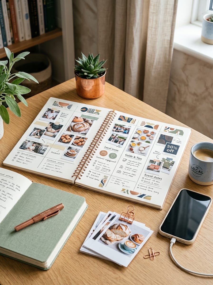 Planning éditorial organisé en cinq familles de contenus pour un commerce local