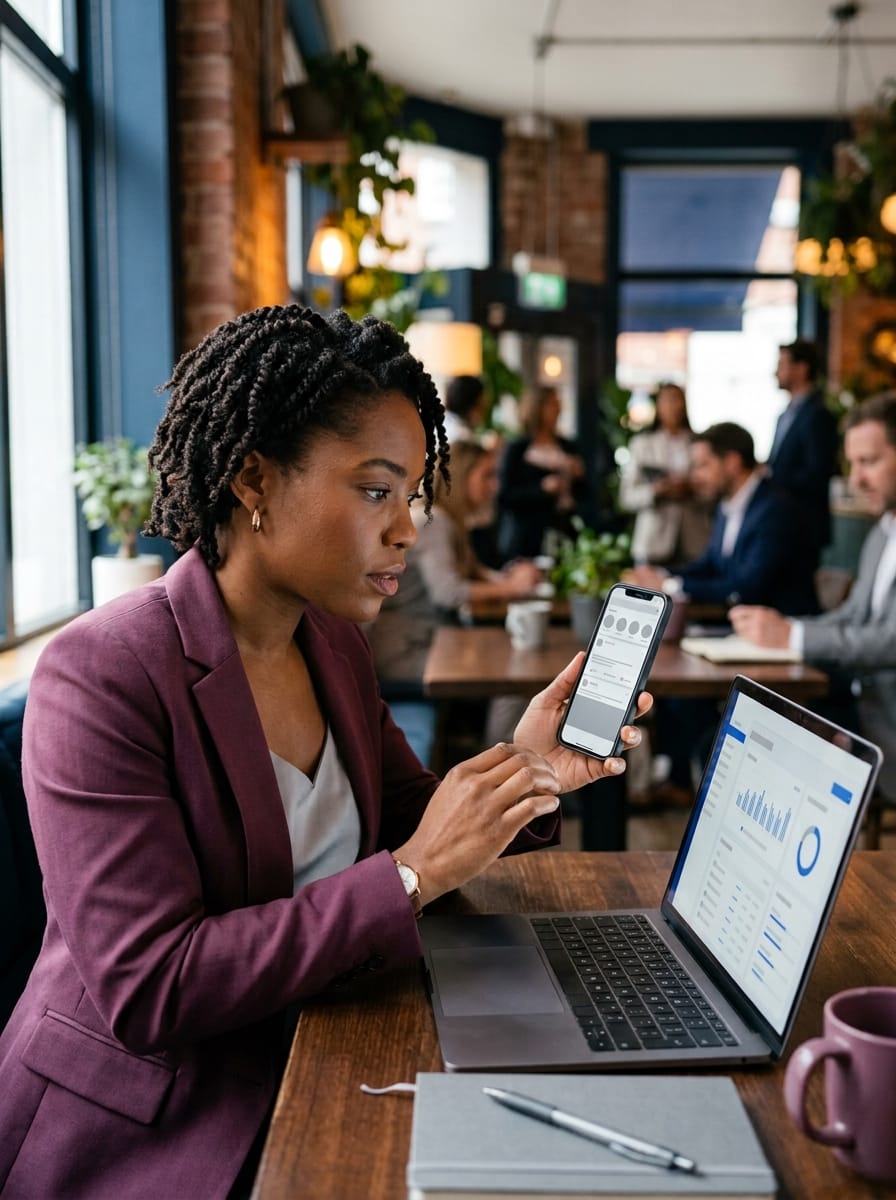 Entrepreneuse locale comparant Instagram et Facebook pour choisir sa plateforme prioritaire