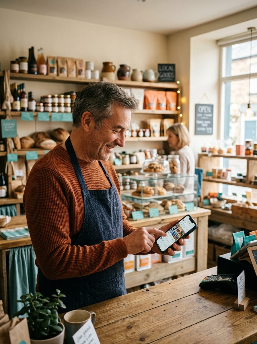 Commerçant de quartier échangeant avec une communauté locale depuis son téléphone