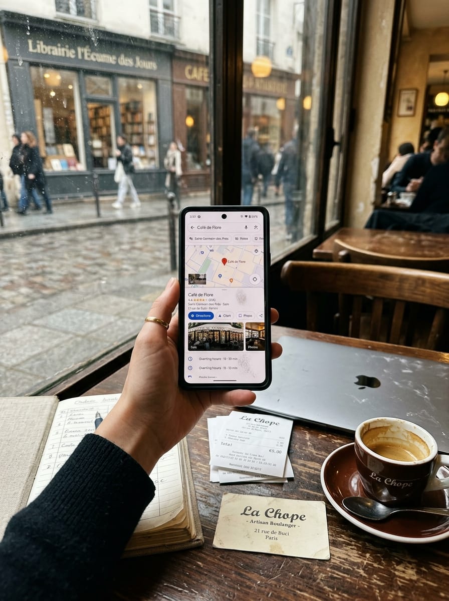Recherche locale d'une entreprise avec smartphone et carnet