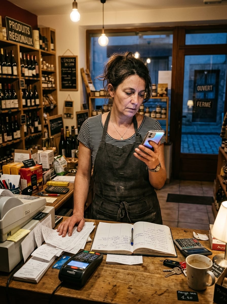 Commerçante locale occupée consultant son téléphone après sa journée de travail